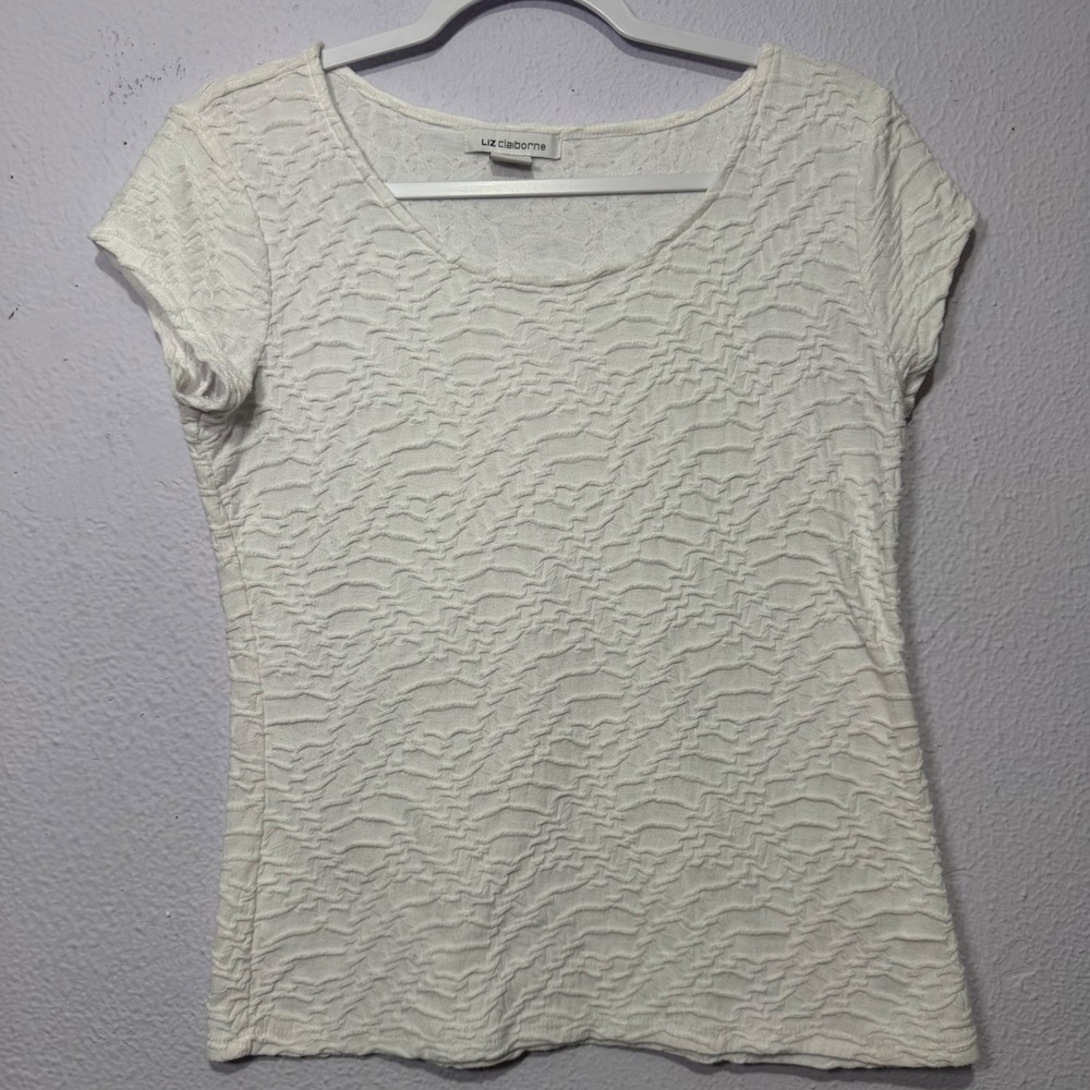 Y2K Liz Claiborne Textured Knit Scoop Neck Top Size M White Vintage Minimalist